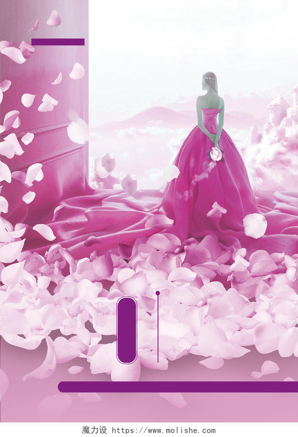 紫色浪漫樱花瓣婚纱摄影宣传单海报背景双面